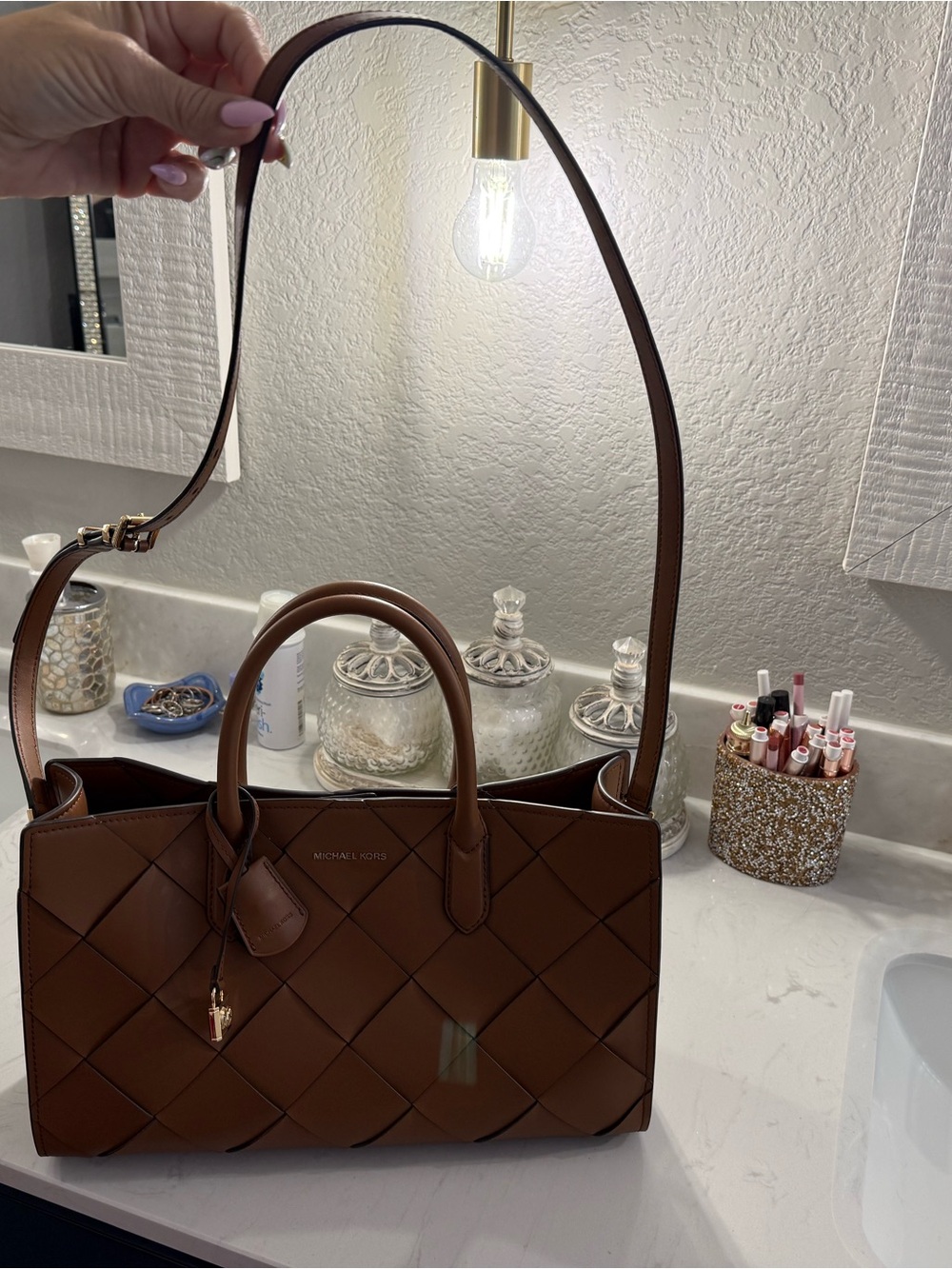 Michael Kors Woven Satchel in Cognac Brown with Gold Accent - Picture 9 of 9